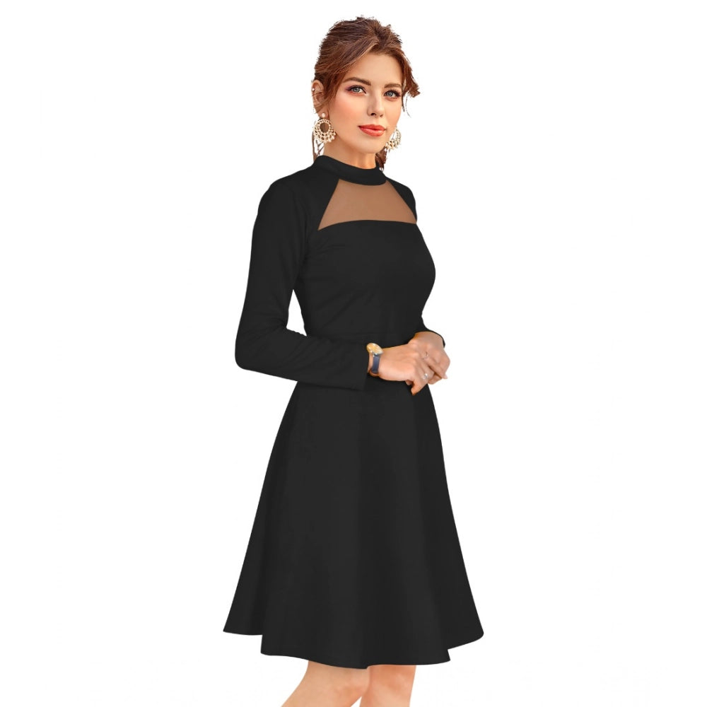 Amfyn Women's Knitting strachable Solid Round Neck Full Sleeve Dresses (Black)