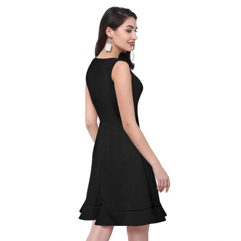 Amfyn Women's Polyster Solid Round Neck Sleeveless Dresses (Black)