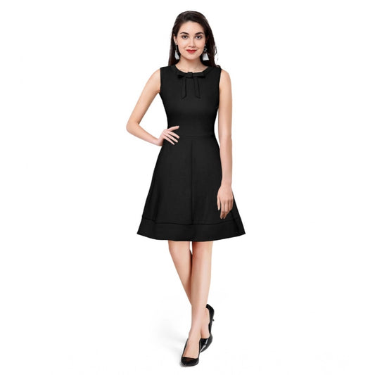 Amfyn Women's Polyster Solid Round Neck Sleeveless Dresses (Black)