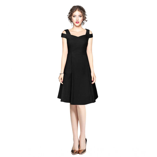 Amfyn Women's Polyster Solid V Neck Cap Sleeve off Sholder Dresses (Black)