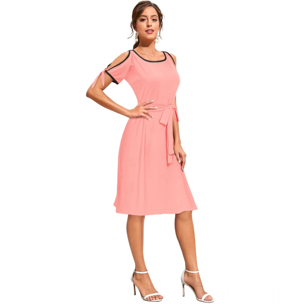 Amfyn Women's Knitting strachable Solid Round Neck Sleeveless Dresses (Peach)