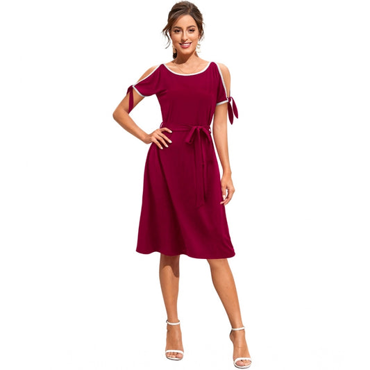 Amfyn Women's Knitting strachable Solid Round Neck Sleeveless Dresses (Maroon)