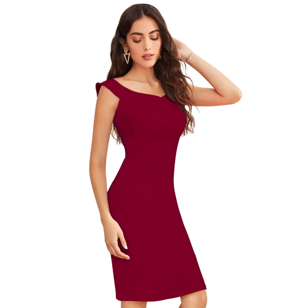 Amfyn Women's Knitting strachable Solid Round Neck Sleeveless Dresses (Maroon)