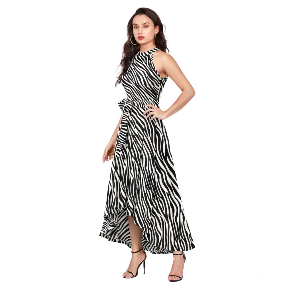 Amfyn Women's Polyster Zebra Pattern Helter Neck Sleeveless Dresses (White)