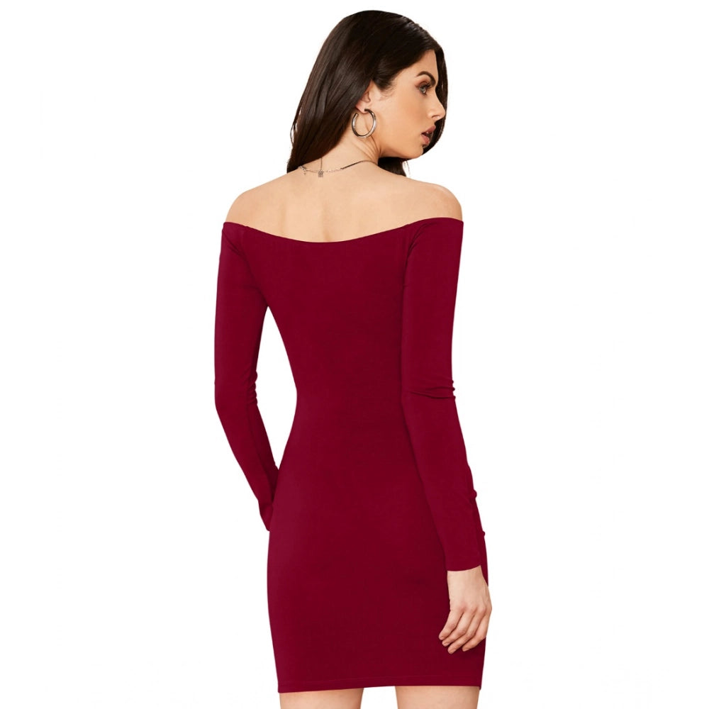 Amfyn Women's Knitting strachable Solid V Neck Full Sleeve Dresses (Maroon)