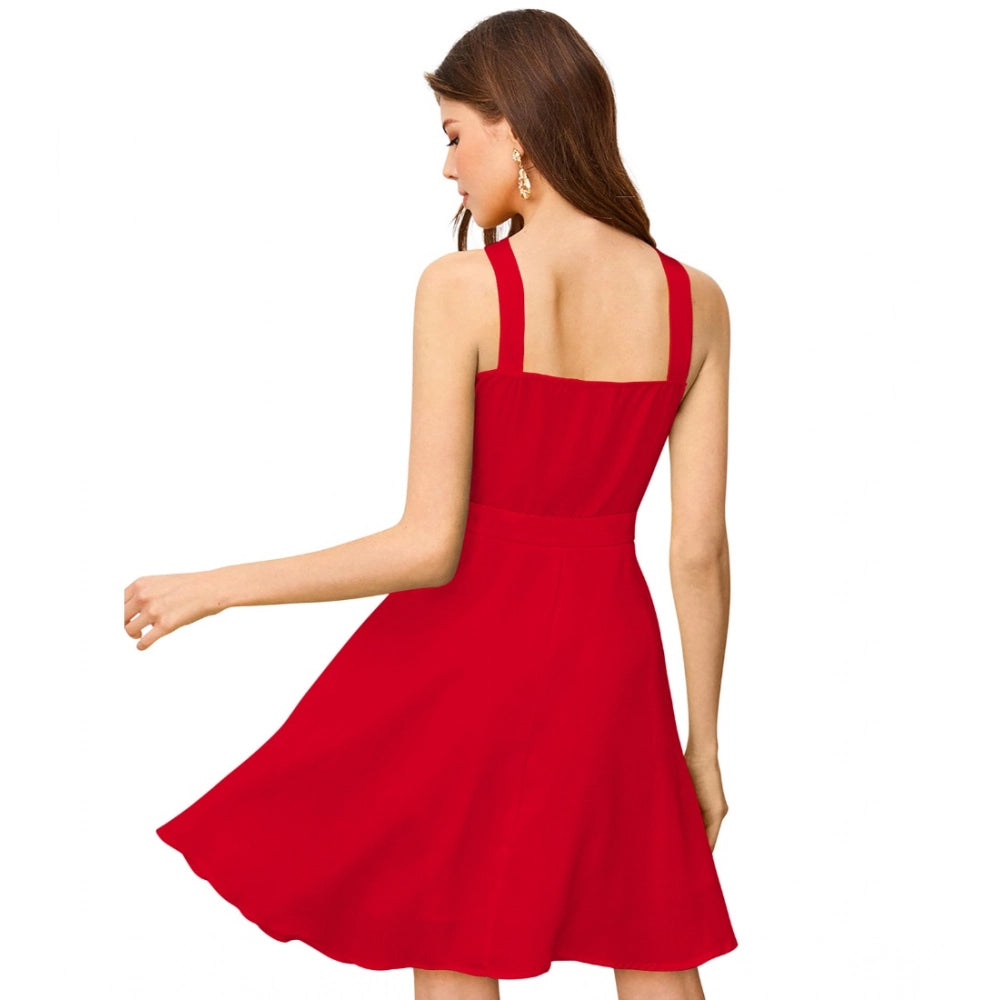 Amfyn Women's Knitting strachable Solid Halter Neck Sleeveless Dresses (Red )