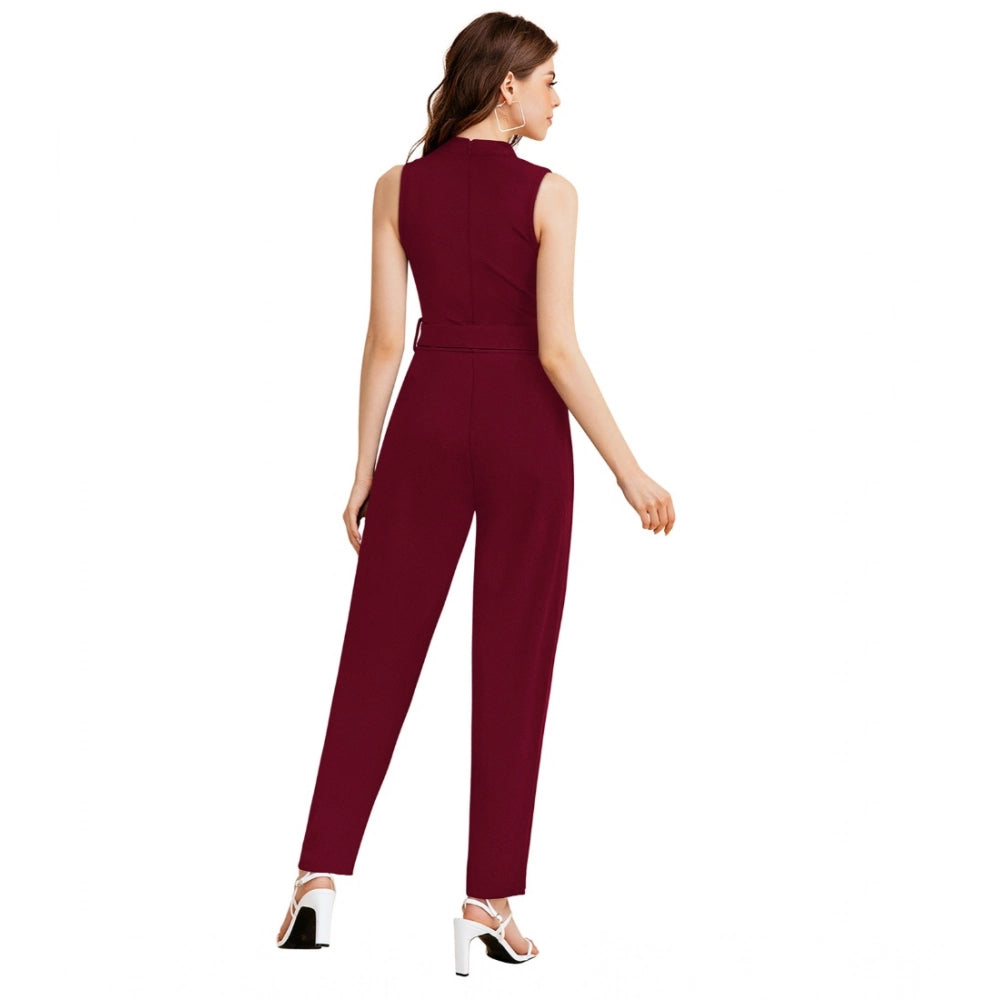 Amfyn Women's Knitting strachable Solid Round Neck Sleeveless Jumpsuit (Maroon)