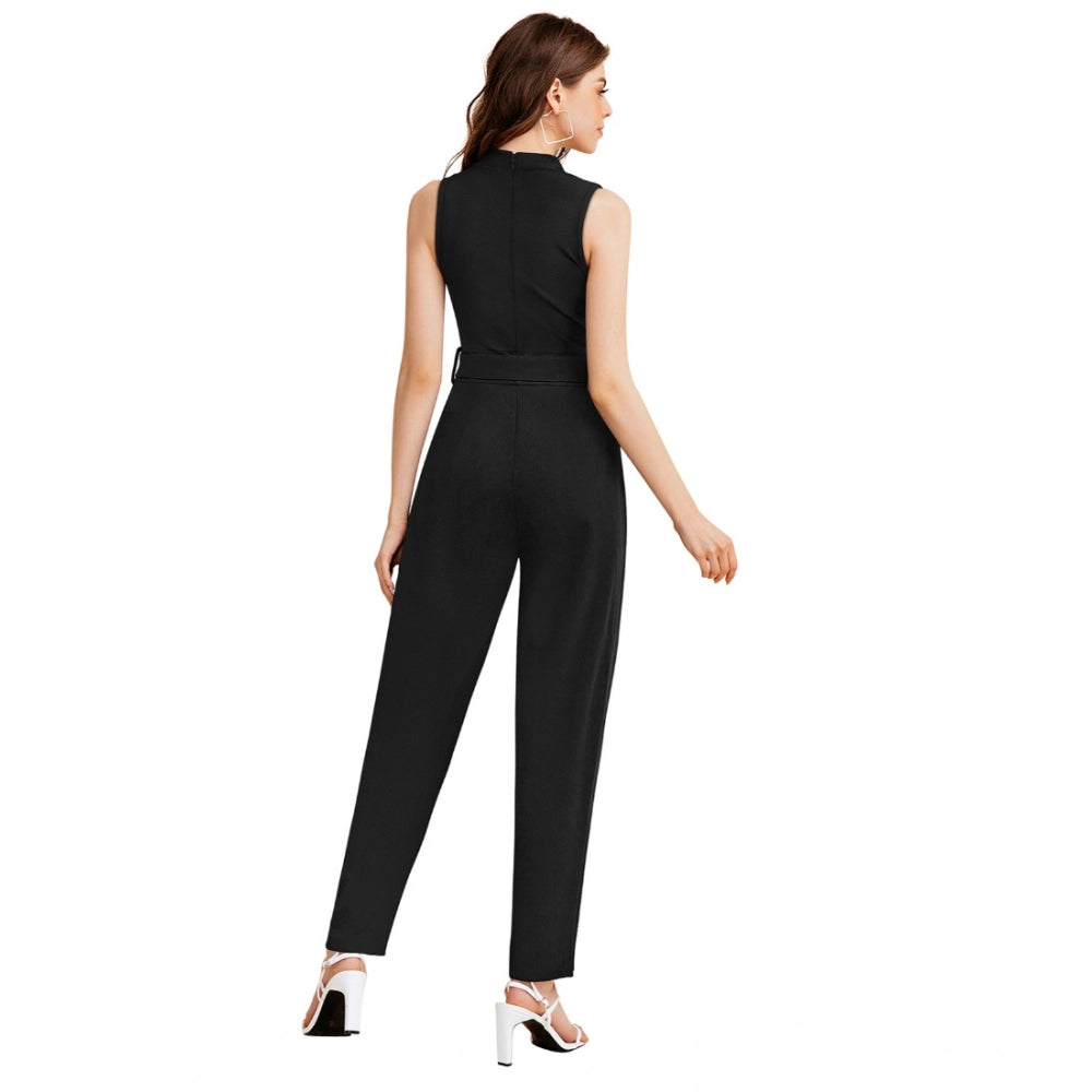 Amfyn Women's Knitting strachable Solid Round Neck Sleeveless Jumpsuit (Black)