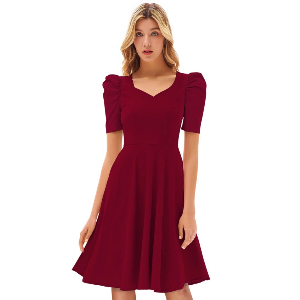 Amfyn Women's Knitting strachable Solid V Neck Cap Sleeve Dresses (Maroon)