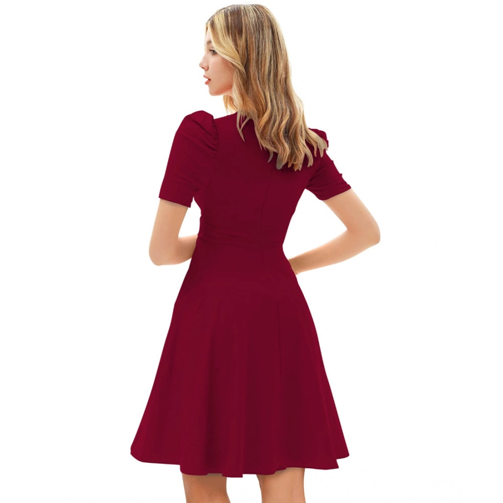 Amfyn Women's Knitting strachable Solid V Neck Cap Sleeve Dresses (Maroon)