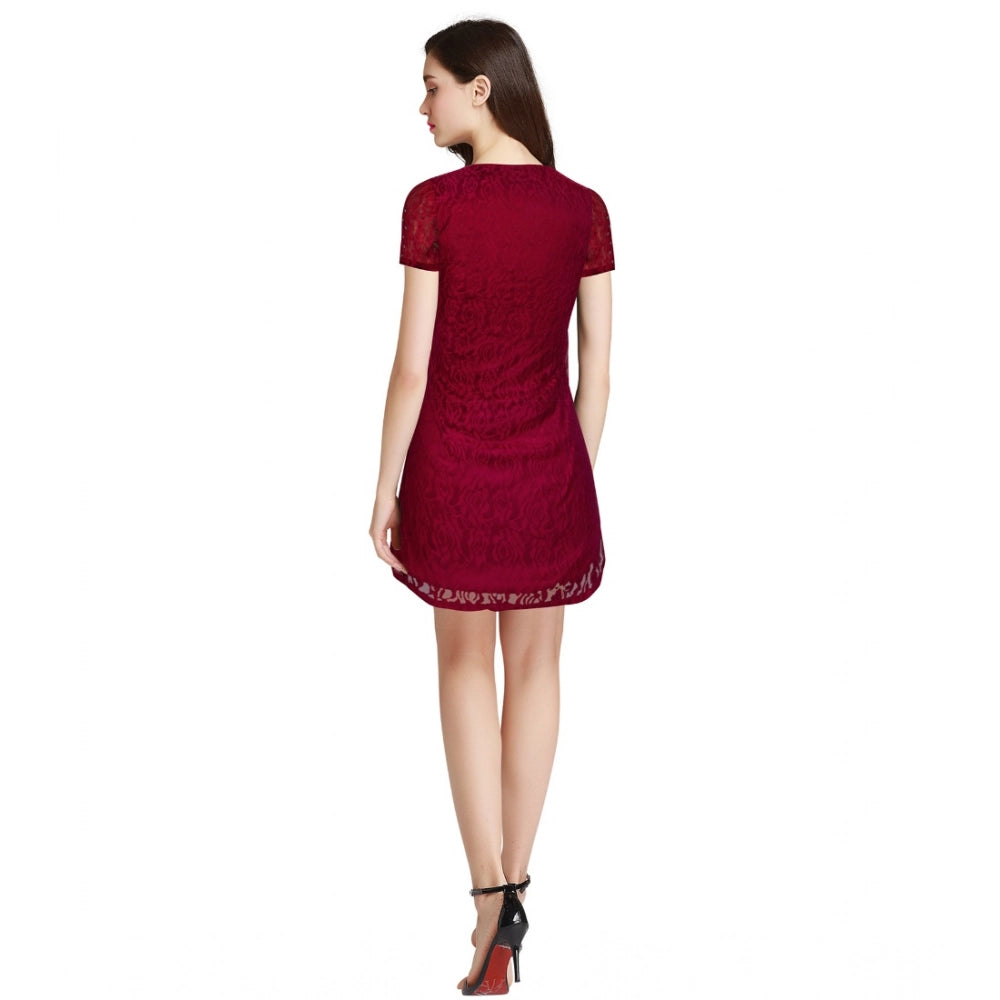 Amfyn Women's Rasal Solid Round Neck Cap Sleeve Dresses (Maroon)