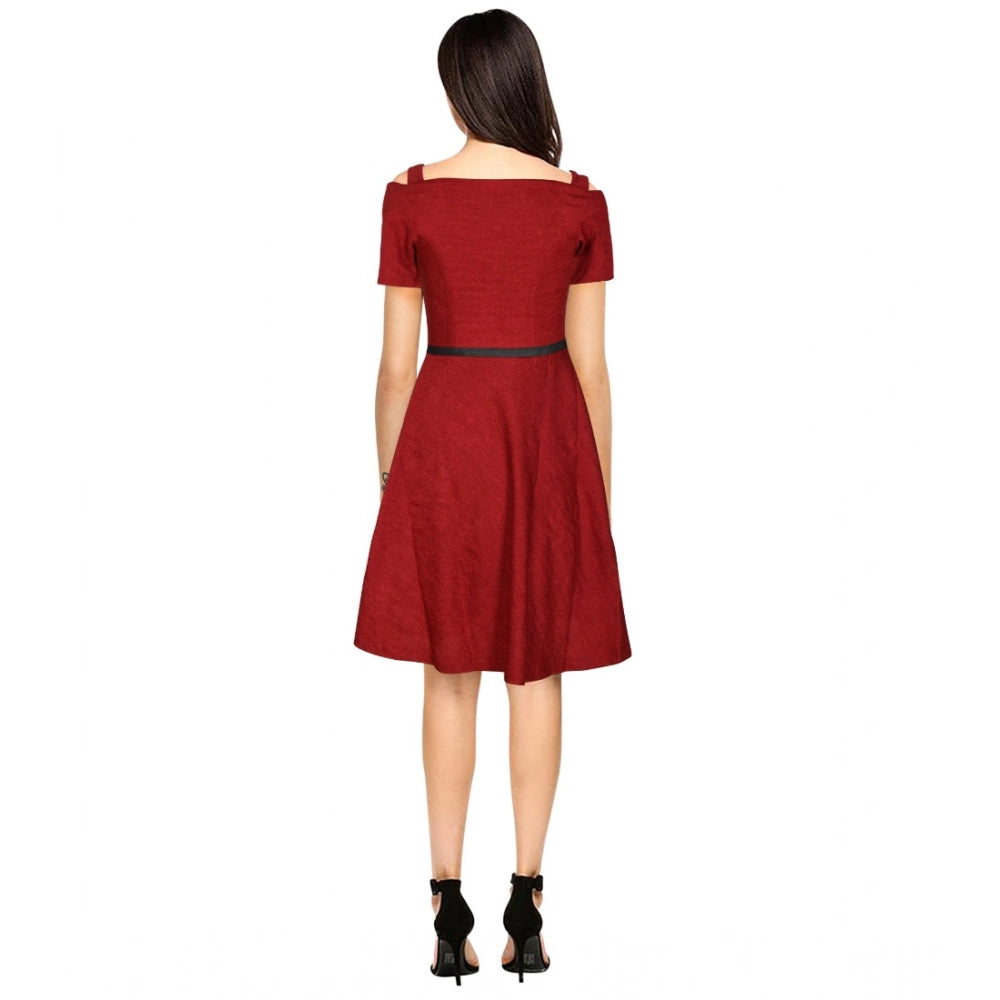 Amfyn Women's Polyster Solid V Neck Cap Sleeve Dresses (Maroon)