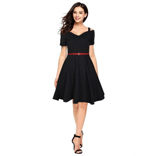 Amfyn Women's Polyster Solid V Neck Cap Sleeve Dresses (Black)