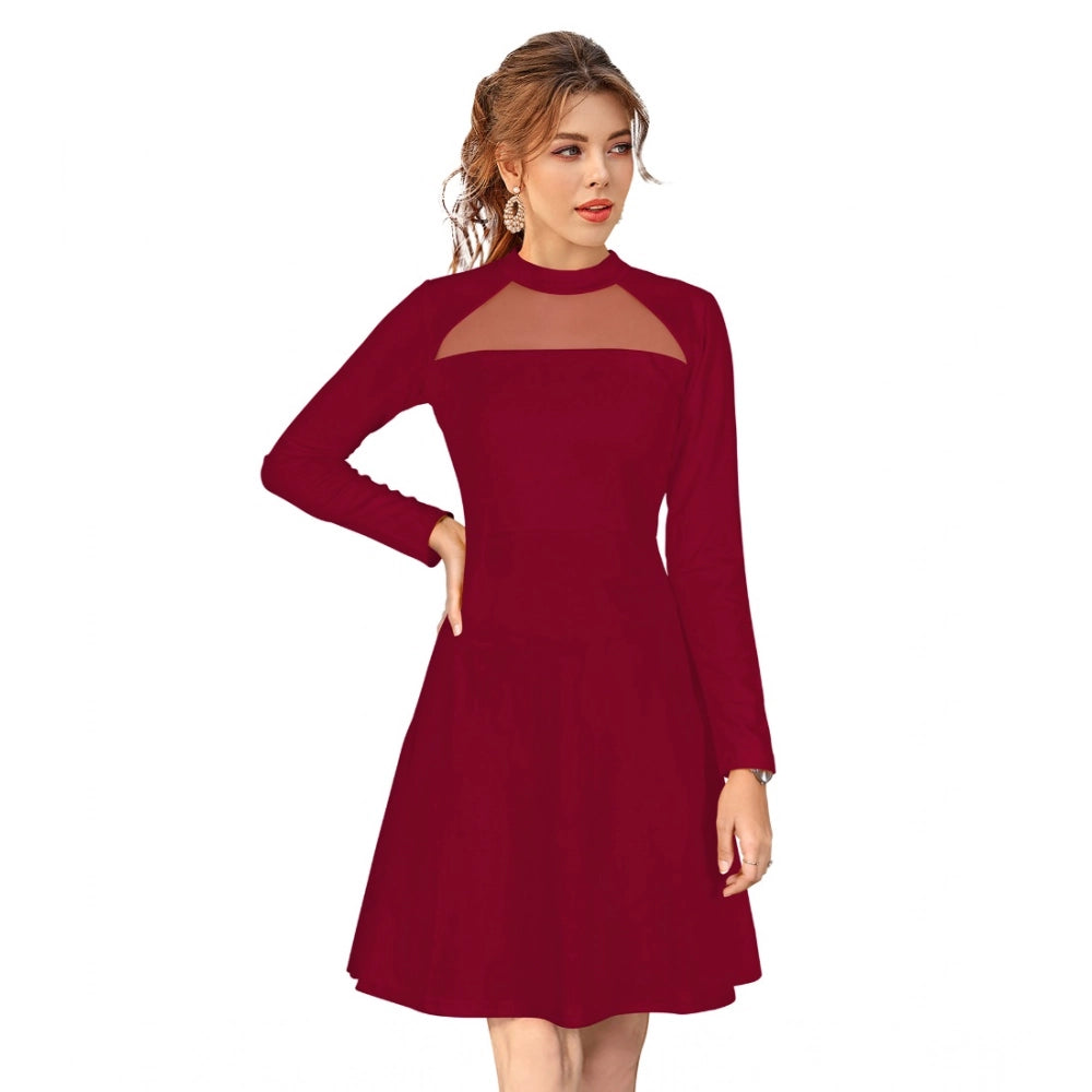 Amfyn Women's Knitting strachable Solid Round Neck Full Sleeve Dresses (Maroon)