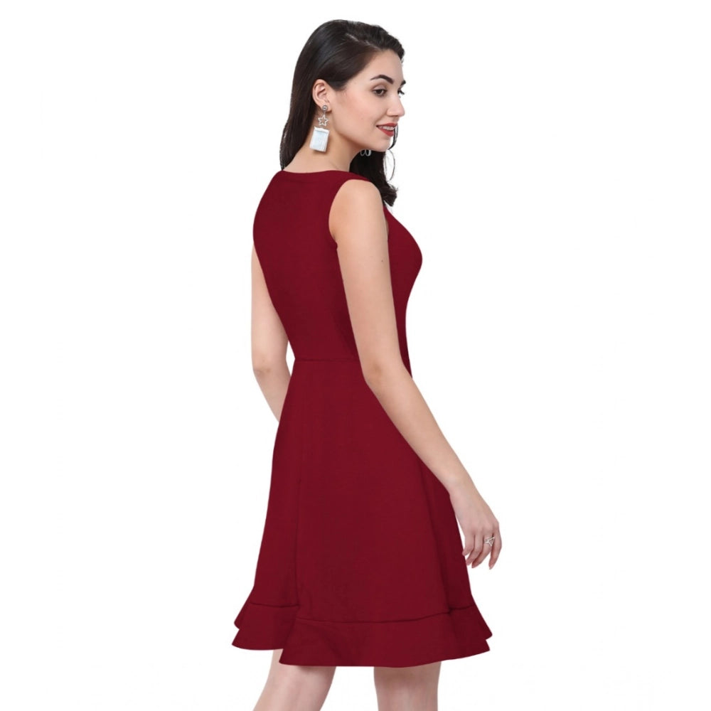 Amfyn Women's Polyster Solid Round Neck Sleeveless Dresses (Maroon)