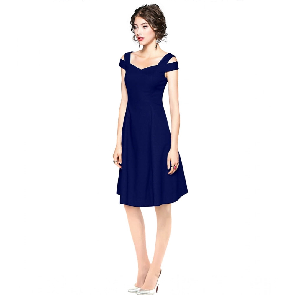 Amfyn Women's Polyster Solid V Neck Cap Sleeve off Sholder Dresses (Blue)