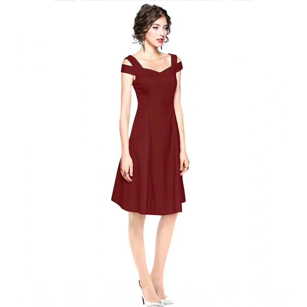 Amfyn Women's Polyster Solid V Neck Cap Sleeve off Sholder Dresses (Maroon)