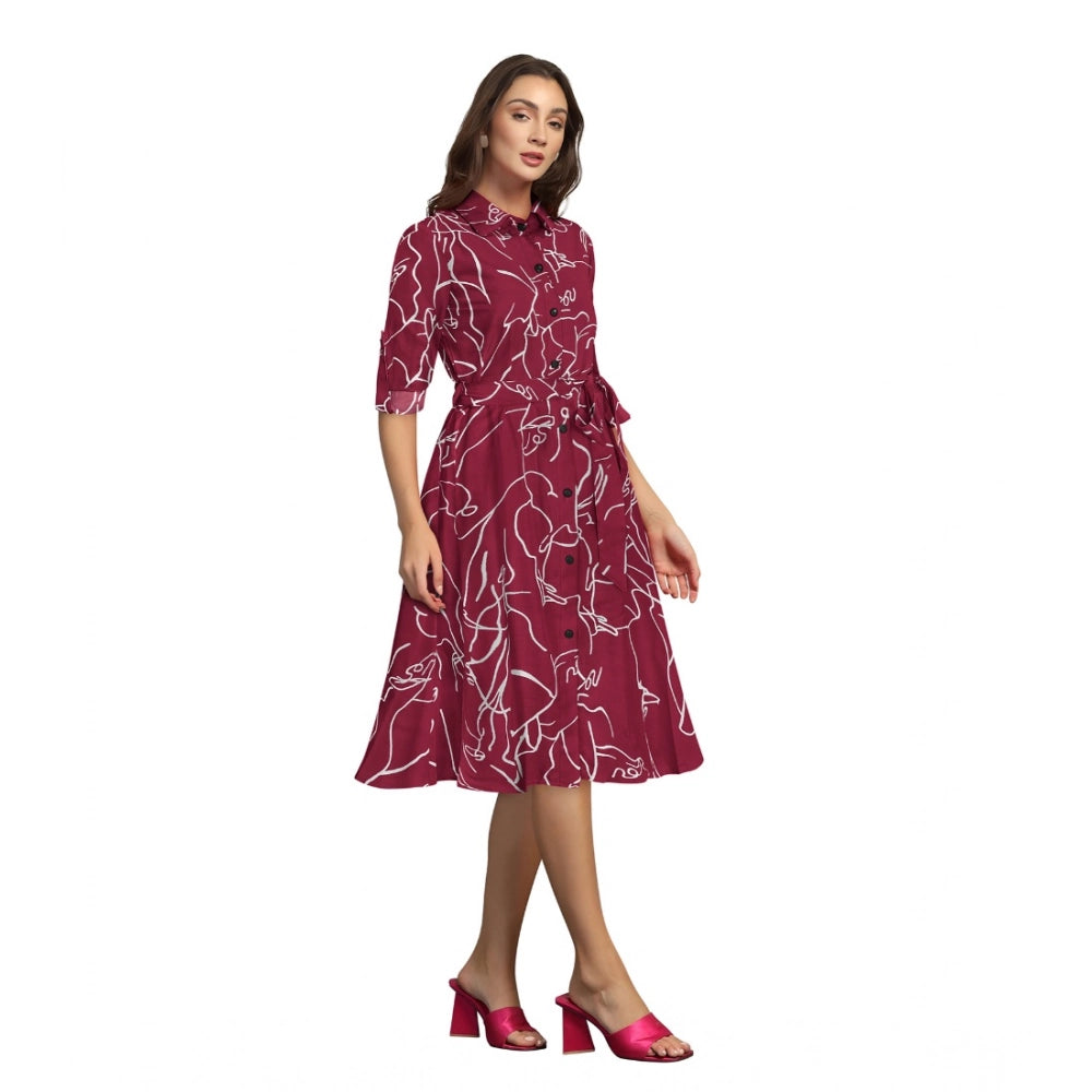 Amfyn Women's Ruby Cotton Printed Shirt Collar 3-4th Sleeve Dresses (Maroon)