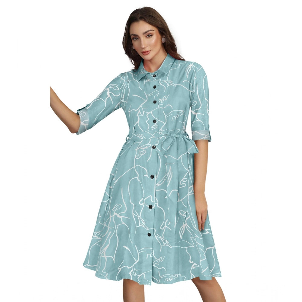 Amfyn Women's Ruby Cotton Printed Shirt Collar 3-4th Sleeve Dresses (Pista)