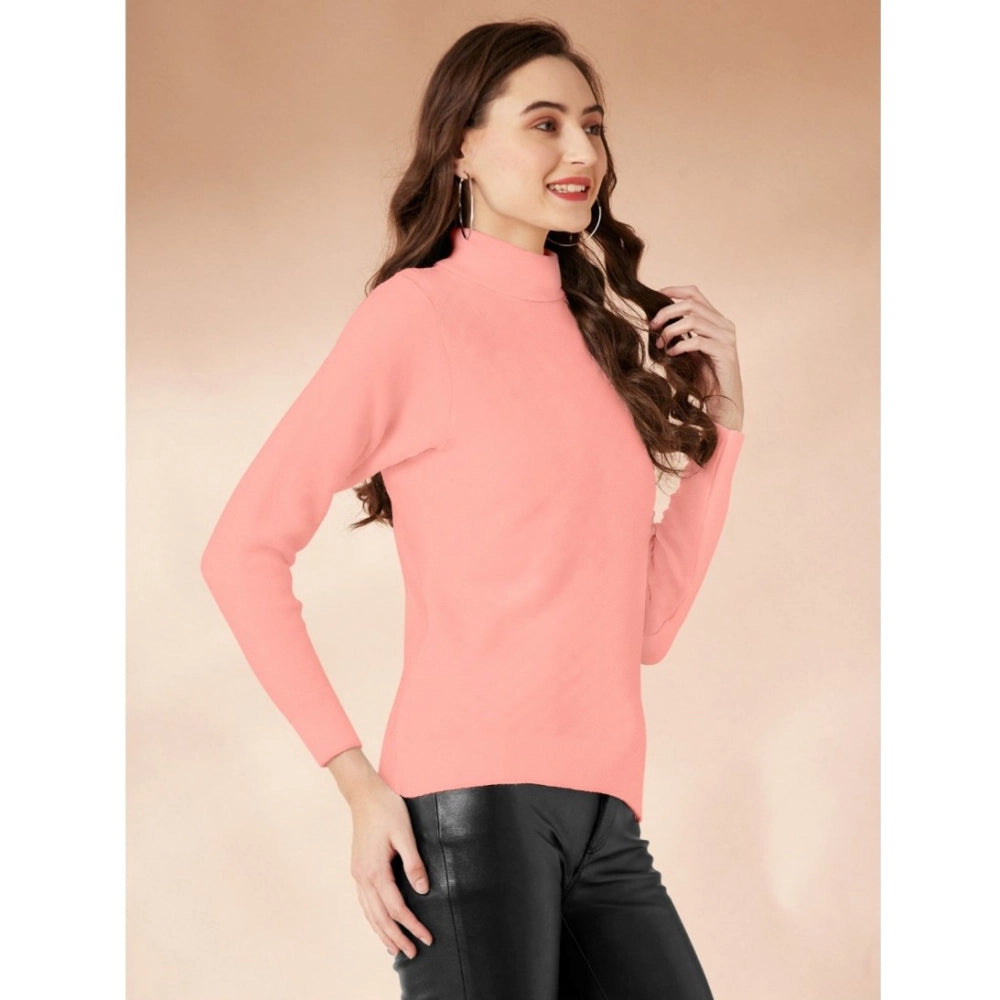 Amfyn Women's Polyester Solid High Neck Full Sleeve T-Shirt (Peach)