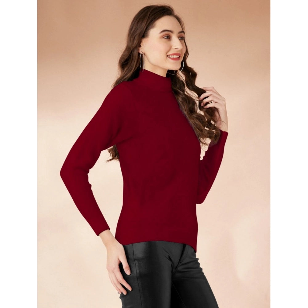 Amfyn Women's Polyester Solid High Neck Full Sleeve T-Shirt (Maroon)