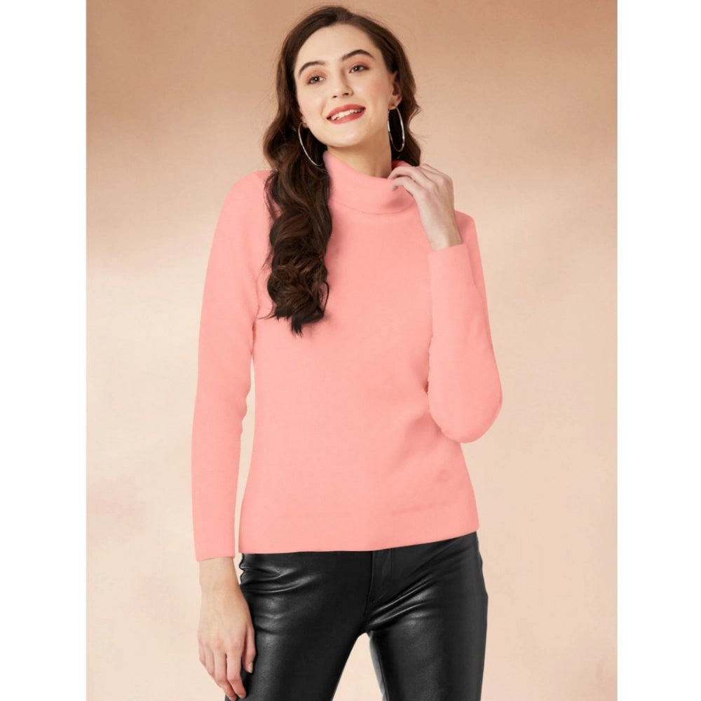 Amfyn Women's Polyester Solid High Neck Full Sleeve T-Shirt (Peach)