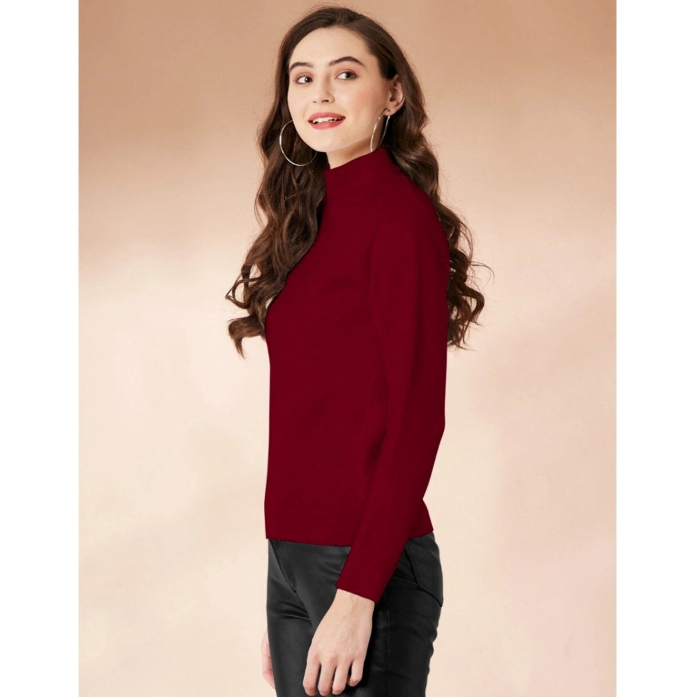 Amfyn Women's Polyester Solid High Neck Full Sleeve T-Shirt (Maroon)