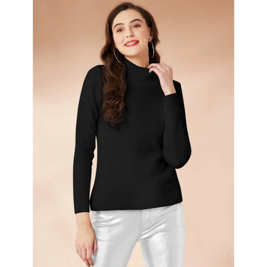 Amfyn Women's Polyester Solid High Neck Full Sleeve T-Shirt (Black)