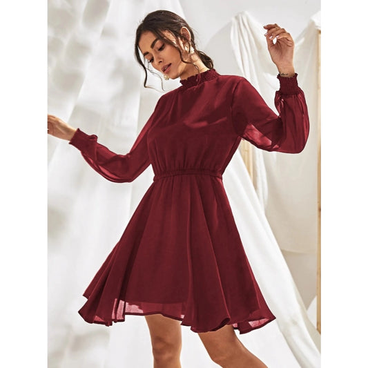 Amfyn Women's Fox Georgette Solid High Neck Full Sleeve Dresses (Maroon)