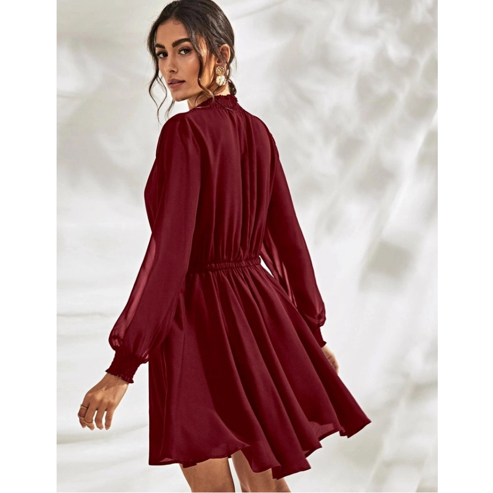 Amfyn Women's Fox Georgette Solid High Neck Full Sleeve Dresses (Maroon)