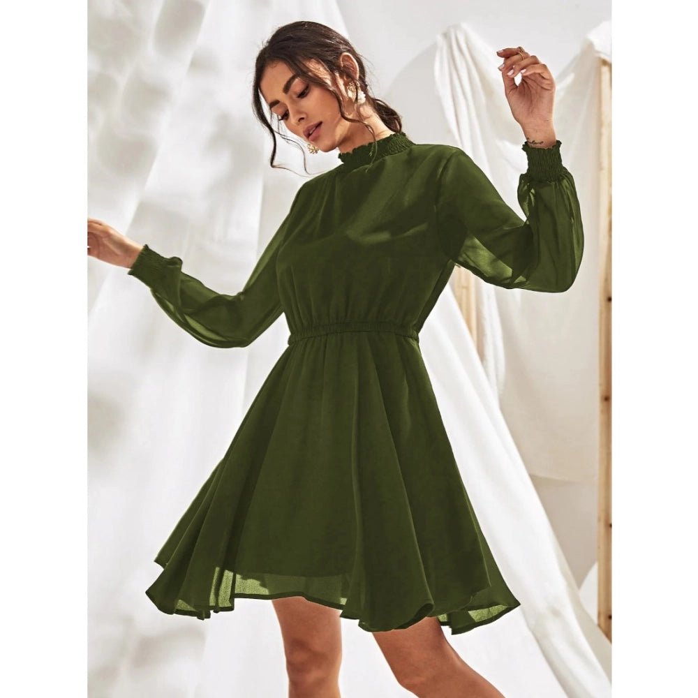 Amfyn Women's Fox Georgette Solid High Neck Full Sleeve Dresses (Green)