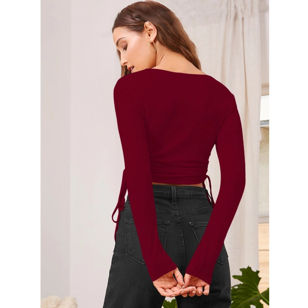 Amfyn Women's Polyester Solid Round Neck Full Sleeve Top (Maroon)