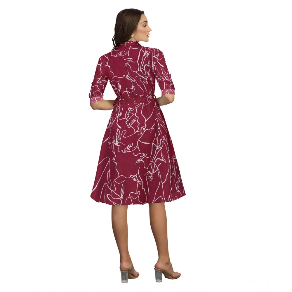 Amfyn Women's Ruby Cotton Printed Shirt Collar 3-4th Sleeve Dresses (Maroon)