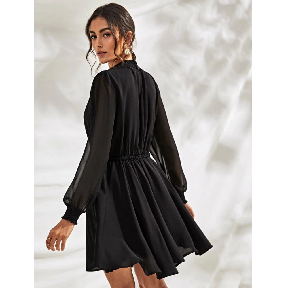 Amfyn Women's Fox Georgette Solid High Neck Full Sleeve Dresses (Black)