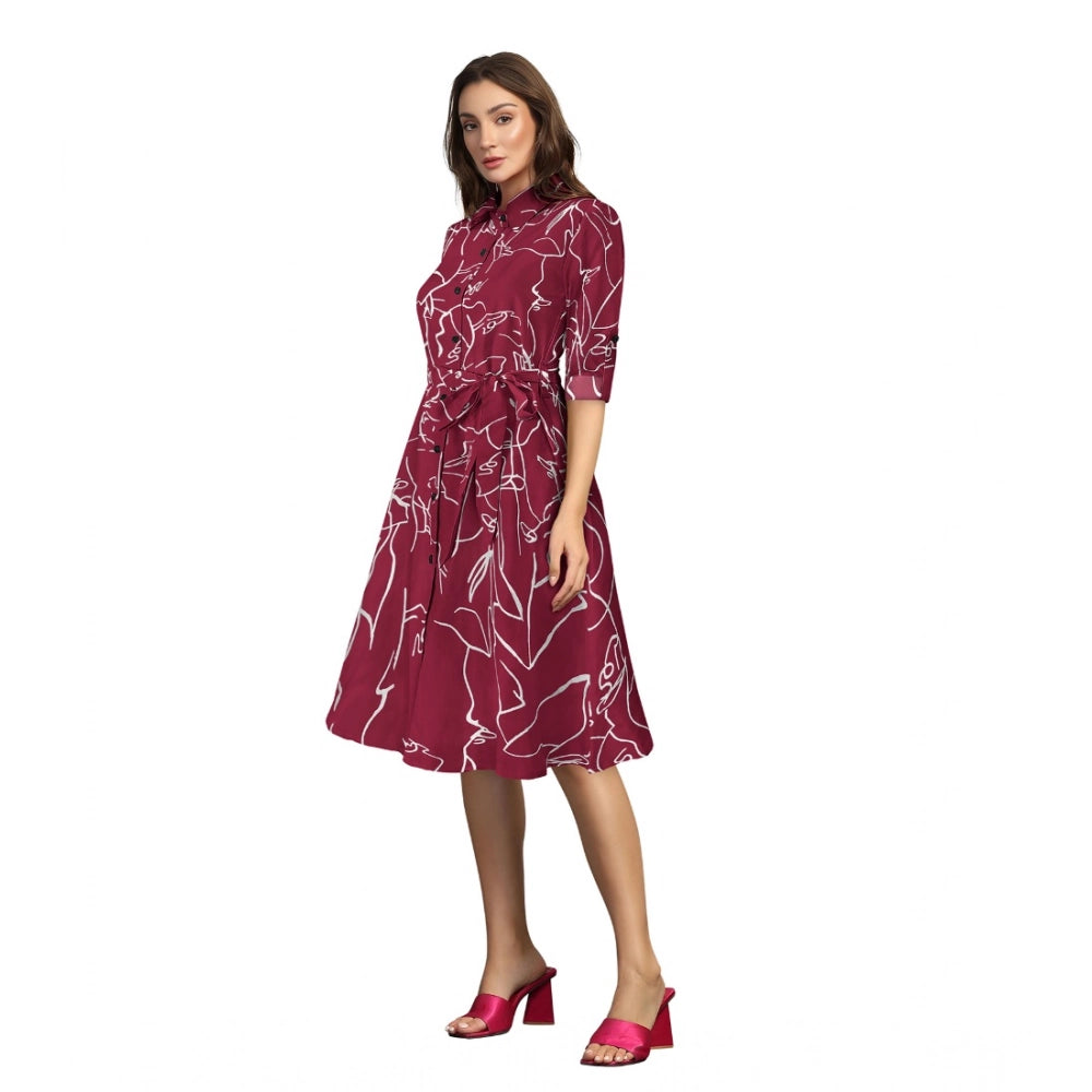 Amfyn Women's Ruby Cotton Printed Shirt Collar 3-4th Sleeve Dresses (Maroon)