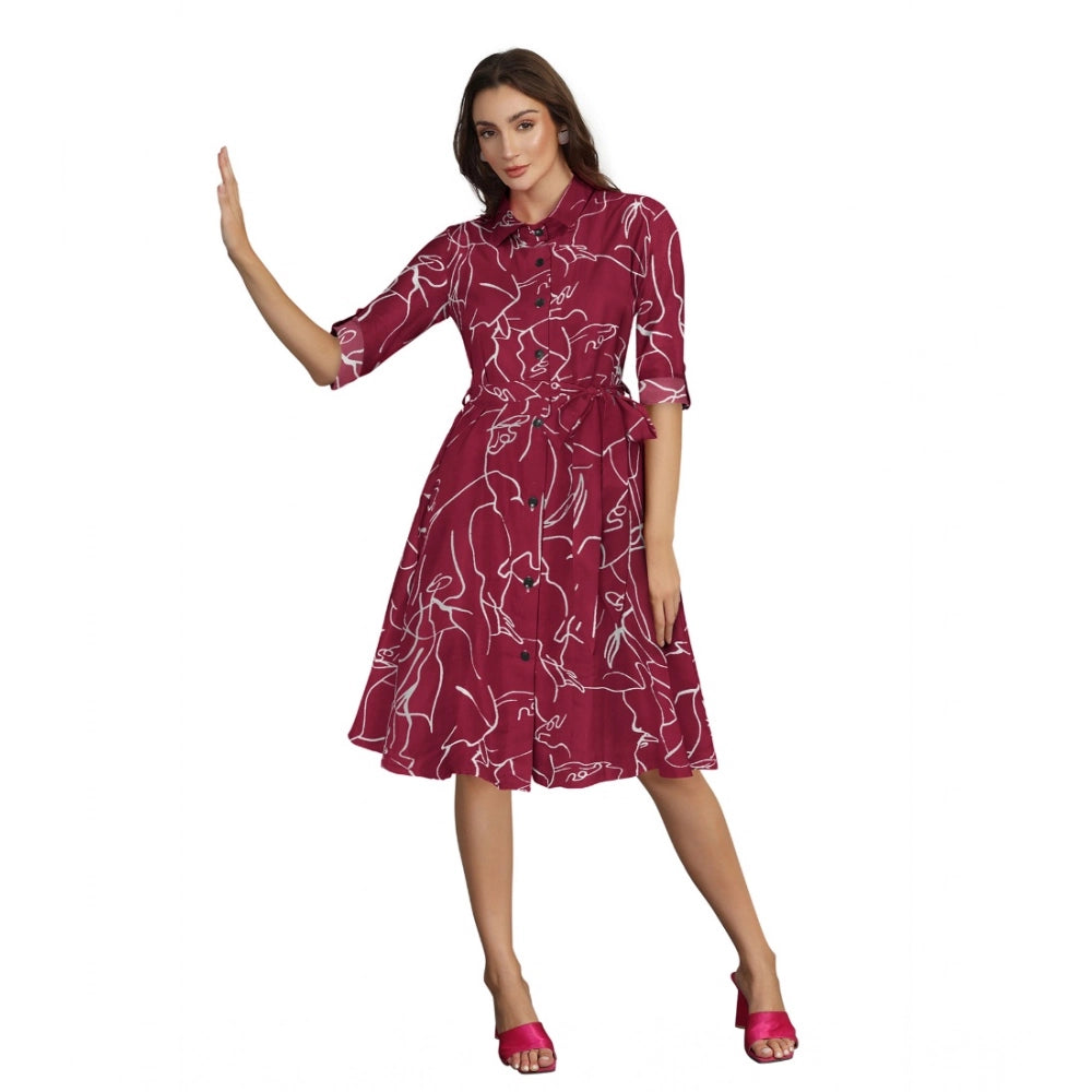 Amfyn Women's Ruby Cotton Printed Shirt Collar 3-4th Sleeve Dresses (Maroon)