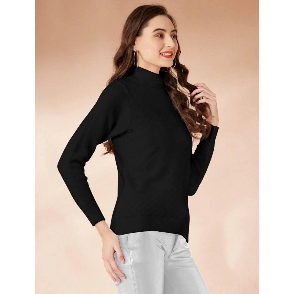 Amfyn Women's Polyester Solid High Neck Full Sleeve T-Shirt (Black)