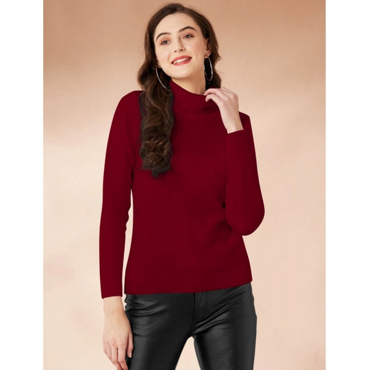 Amfyn Women's Polyester Solid High Neck Full Sleeve T-Shirt (Maroon)