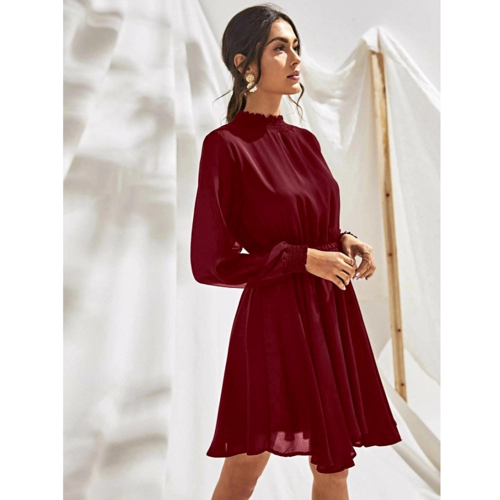 Amfyn Women's Fox Georgette Solid High Neck Full Sleeve Dresses (Maroon)