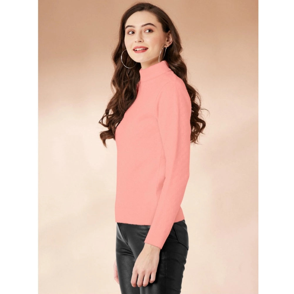 Amfyn Women's Polyester Solid High Neck Full Sleeve T-Shirt (Peach)