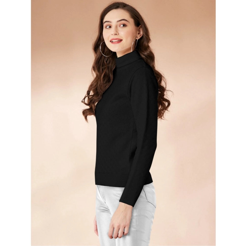 Amfyn Women's Polyester Solid High Neck Full Sleeve T-Shirt (Black)