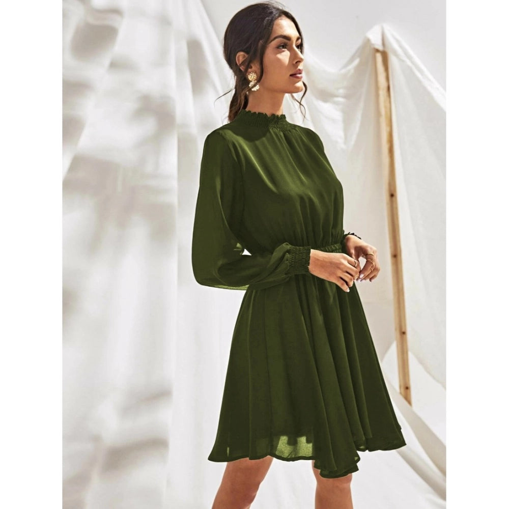 Amfyn Women's Fox Georgette Solid High Neck Full Sleeve Dresses (Green)