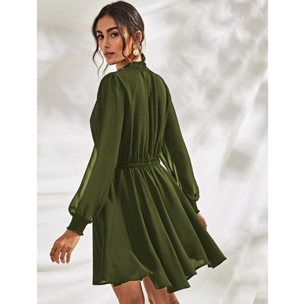 Amfyn Women's Fox Georgette Solid High Neck Full Sleeve Dresses (Green)