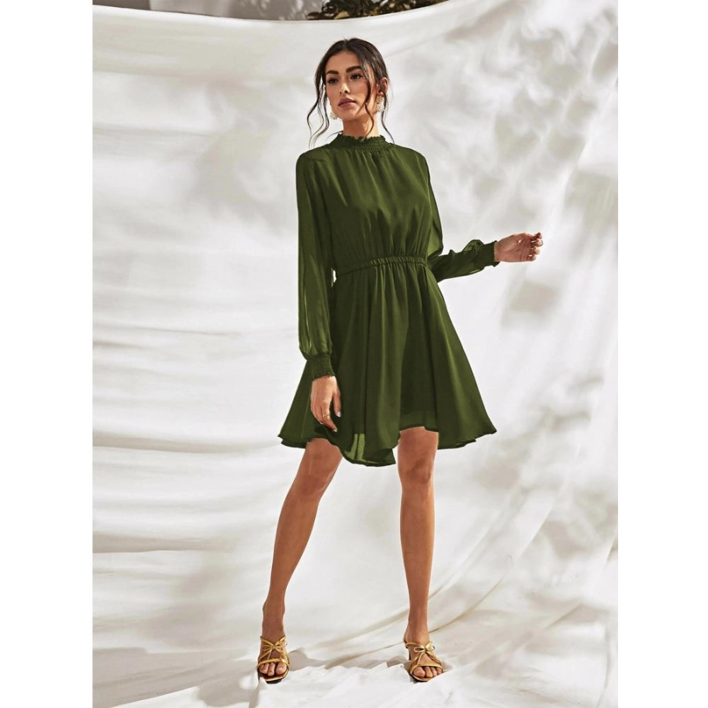 Amfyn Women's Fox Georgette Solid High Neck Full Sleeve Dresses (Green)