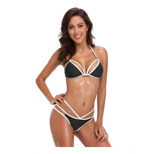 Amfyn Women's Polyester Spandex Solid Brazilian Bikini Set (Black, Free Size: Fit to S, M, L)