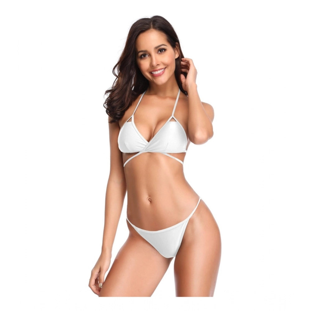 Amfyn Women's Polyester Spandex Solid Crisscross Bikini Set (White, Free Size: Fit to S, M, L)