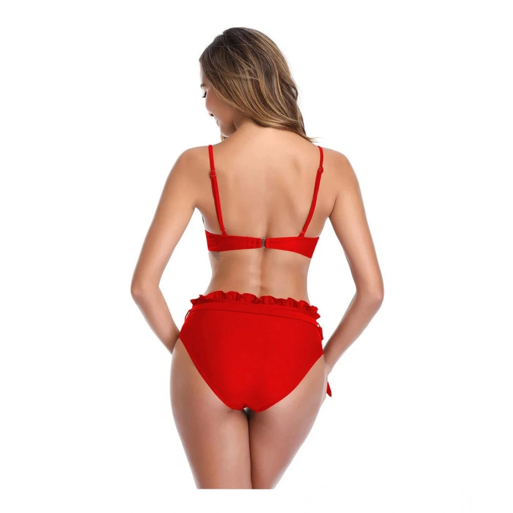 Amfyn Women's Polyester Spandex Solid Mini Bikini Set (Red, Free Size: Fit to S, M, L)