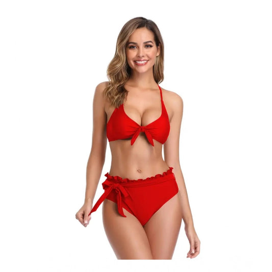 Amfyn Women's Polyester Spandex Solid Mini Bikini Set (Red, Free Size: Fit to S, M, L)