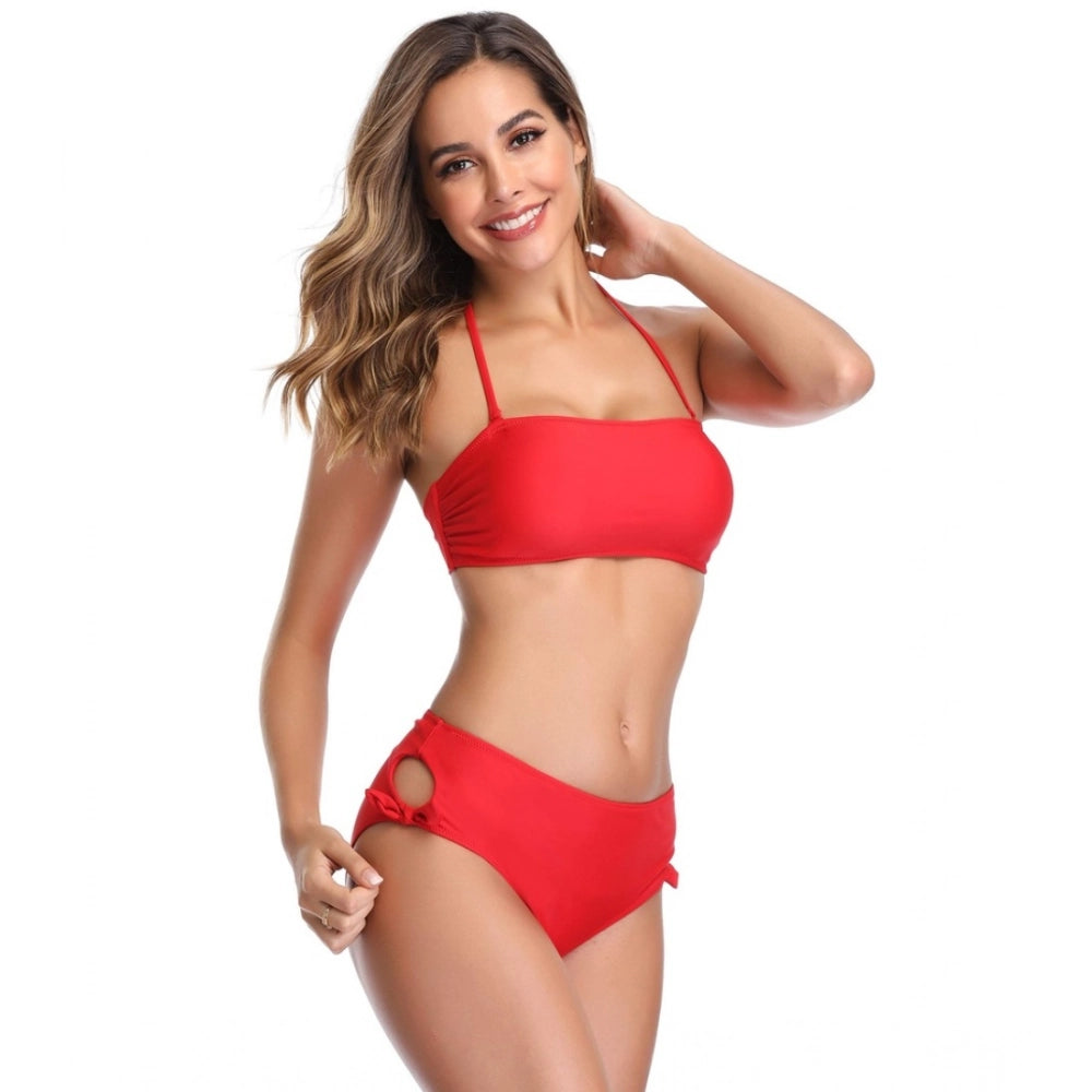 Amfyn Women's Polyester Spandex Solid High Waist Bikini Set (Red, Free Size: Fit to S, M, L)