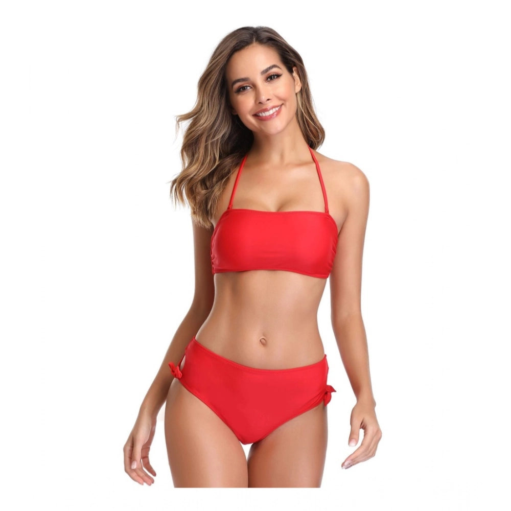 Amfyn Women's Polyester Spandex Solid High Waist Bikini Set (Red, Free Size: Fit to S, M, L)